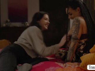 Tattooed diva gets her pussy licked and banged by TS stepsis