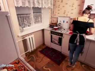 StepMother Blowjob and Hard Rough sex clip - Cum in Mouth in the Kitchen